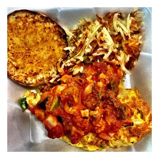 Leftovers of Huge Jambalaya Omelet @ Sweet Basil Cafe of Skokie.Breakfast Brunch Lunch.Burgers Sandwiches Salads Great Service Cool!