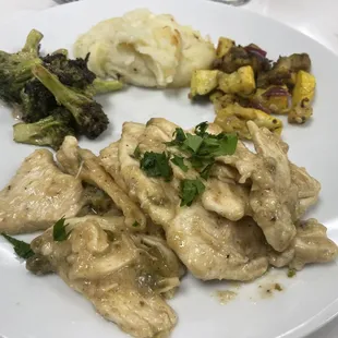 Entree include chicken piccata with lemon and capers, gorgonzola mashed potatoes, curry scented roasted vegetables, &amp; grilled fresh broccoli