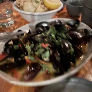 Large serving of Mussels that had a bitter tasting sauce as of too much wine and lemon juice