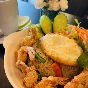 My lunch! Green slurry fried rice with some warm water