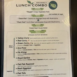 Lunch combo menu