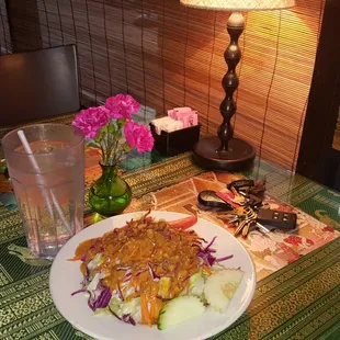 Pad Thai with Beef + Dinner Salad with Peanut Dressing and Spring Rolls.