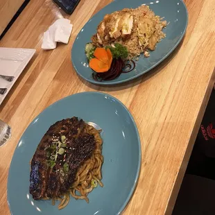 Garlic Noodles With Beef Ribs Crispy Chicken Over Fried Rice