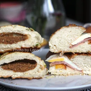 Inside of Scallion &amp; Pork Floss Bolo Bun ($3.50) and Egg &amp; Ham Bolo Bun ($3.75) - both much sweeter than expected. Just OK