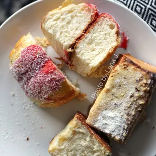 Inside of Sweet Butter Milk Bread Toast ($3.25, good) and Strawberry Coconut Bolo Bun ($3.50, not good)