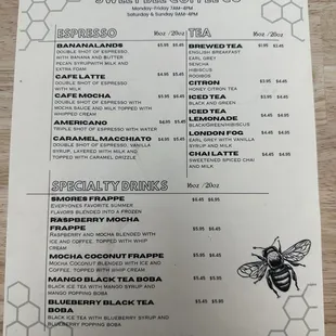 Espresso, tea, and specialty drink menu