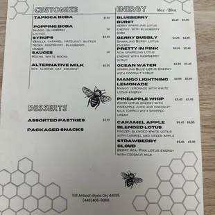 Custom, energy, and desserts menu