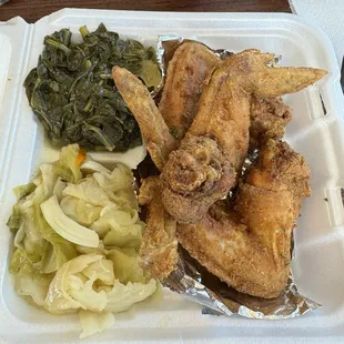 Fried chicken combo, with cabbage and greens