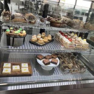 a display case full of desserts