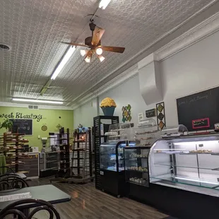 the inside of a bakery