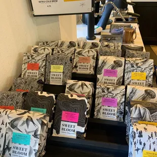 a display of sweet bloom coffee roasters