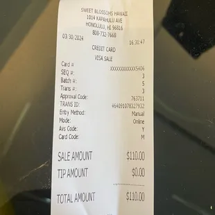 Receipt from transaction done over the phone.