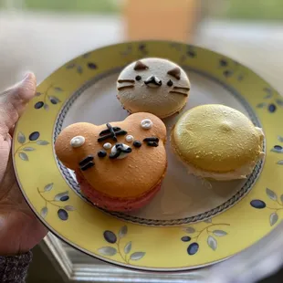 Strawberry, salted caramel, and chocolate macarons (4/21/22)