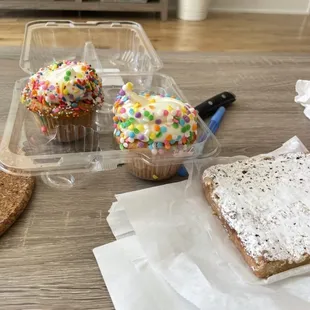 From L to R: Birthday Cake cupcake, Vanilla Vanilla cupcake, and Lemon Bar