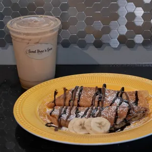 Our tasty banana nutella crepe with a iced caramel latte!