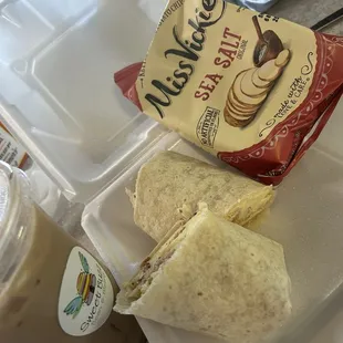 Scramble burrito with chips and toasted s'mores cold brew