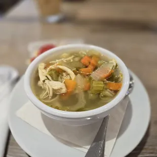 Cup of chicken noodle soup. Not salty at all, because it&apos;s made fresh