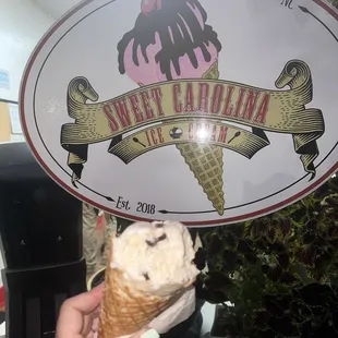 Home made Oreo cookie ice cream with waffle cone