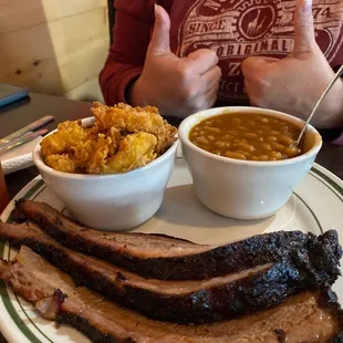 Brisket, fried squash, baked beans