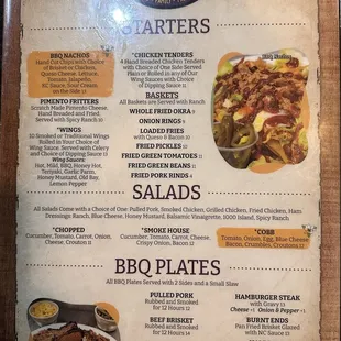 Menu - Starters, Salads, BBQ Plates