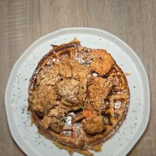 Chicken and shrimp and waffle