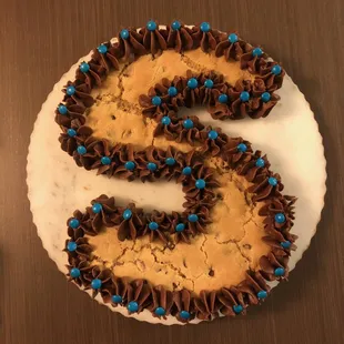 "S" shaped chocolate chip cookie cake for a sweet 9 year old!