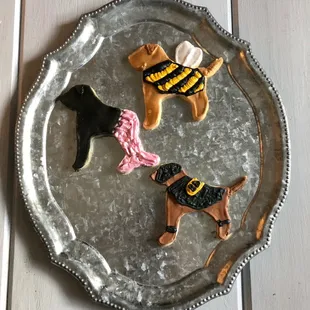 Dogs in costume sugar cookies! A bumblebee, mermaid and batdog!