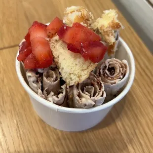 Kids S&apos;mores premium ice cream with strawberries and donut pieces