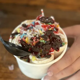 Delicious! Cinnamon Toast Crunch ice cream with strawberry syrup, Fruity Pebbles and Oreo cookies
