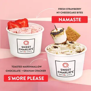 two cups of ice cream with strawberries and marshmallows