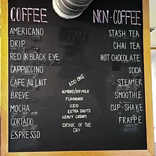 Coffee and tea menu