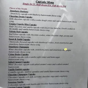 Cupcake menu