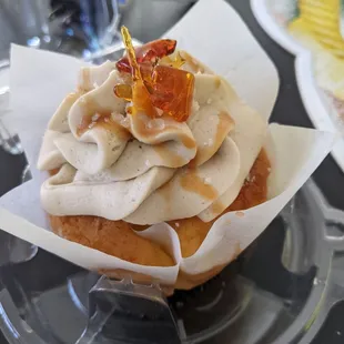 Salted caramel cupcake. Service was completely no touch! I brought my own bag to carry two wraps &amp; this yummy dessert