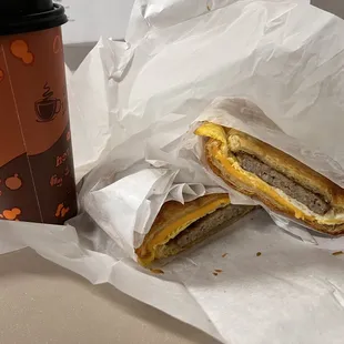 Croissant with Sausage,egg, and Cheese. Large Coffee