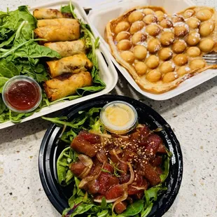 Spring rolls, mochi bubble waffle, and ahi poké bowl.