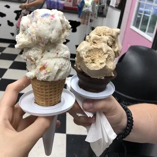 single birthday cake in a sugar cone + double salted cowamel in a dipped waffle cone