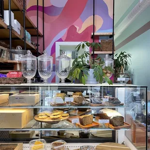 a display case of baked goods