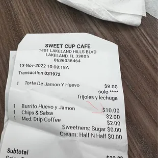 Receipts menu