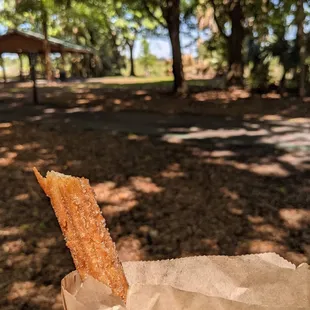a hand holding a piece of food