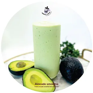 avocado smoothie with sliced avocados