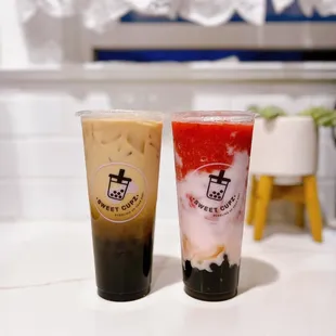 Fresh Milk Tea With Brown Sugar Boba ($6) &amp; Strawberry Yogurt Slush ($6.50)