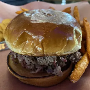 Brisket sandwich  Sweet Potato Fries. Fried Corn Fritters