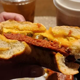 Sausage, egg, and cheese bagel with added jalapeños
