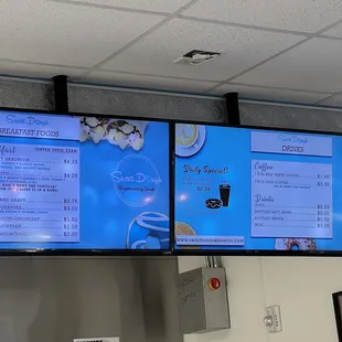 menus on two large screens