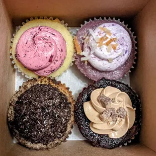 Mini cupcakes (clockwise from top right): ube, toffee coffee, cookies and cream, and berry lemon