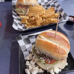 Cheeseburger, waffle fries and &quot;Greek Freak&quot; burger