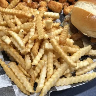 Mac Attack Burger plate with Large fries and cheese curds