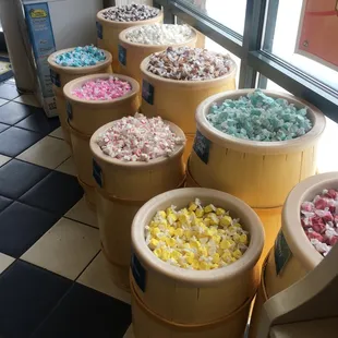 a variety of sweets in buckets