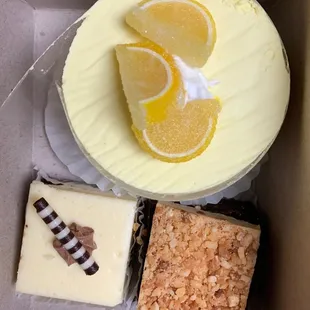 Lemon Delight Slice, peanut butter Brownie, cheesecake