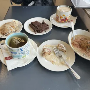 Brownie, apple cinnamon pie and a glazed donut. Chai latte and hibiscus tea.